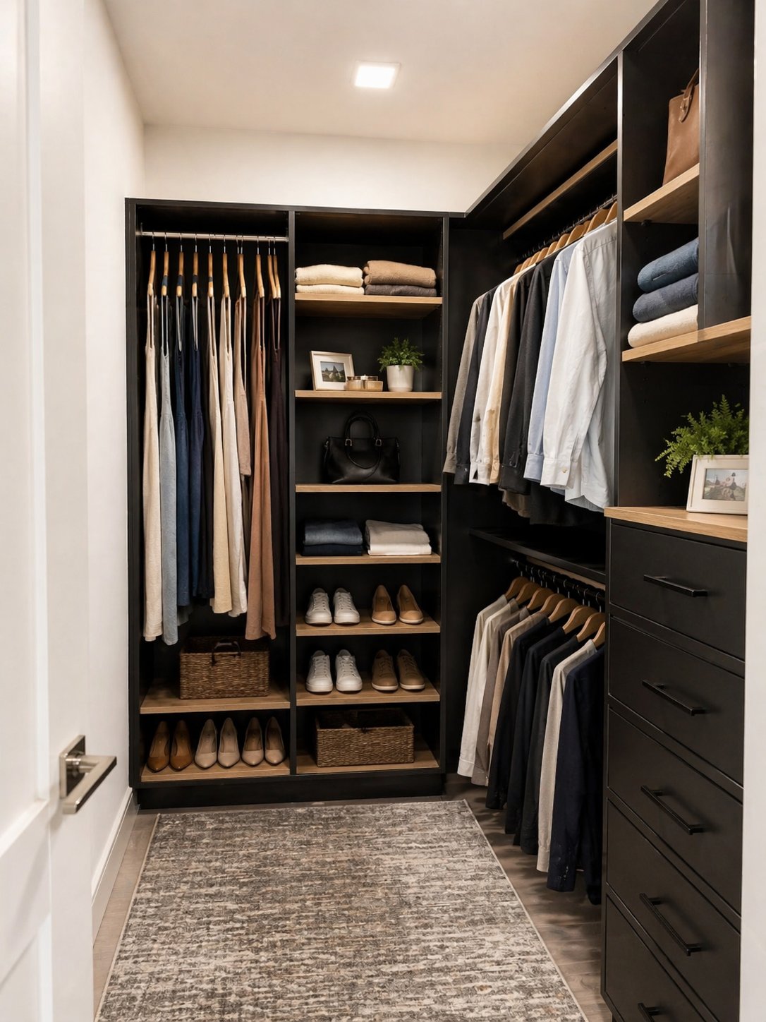 Walk-in closet after — custom black and wood system