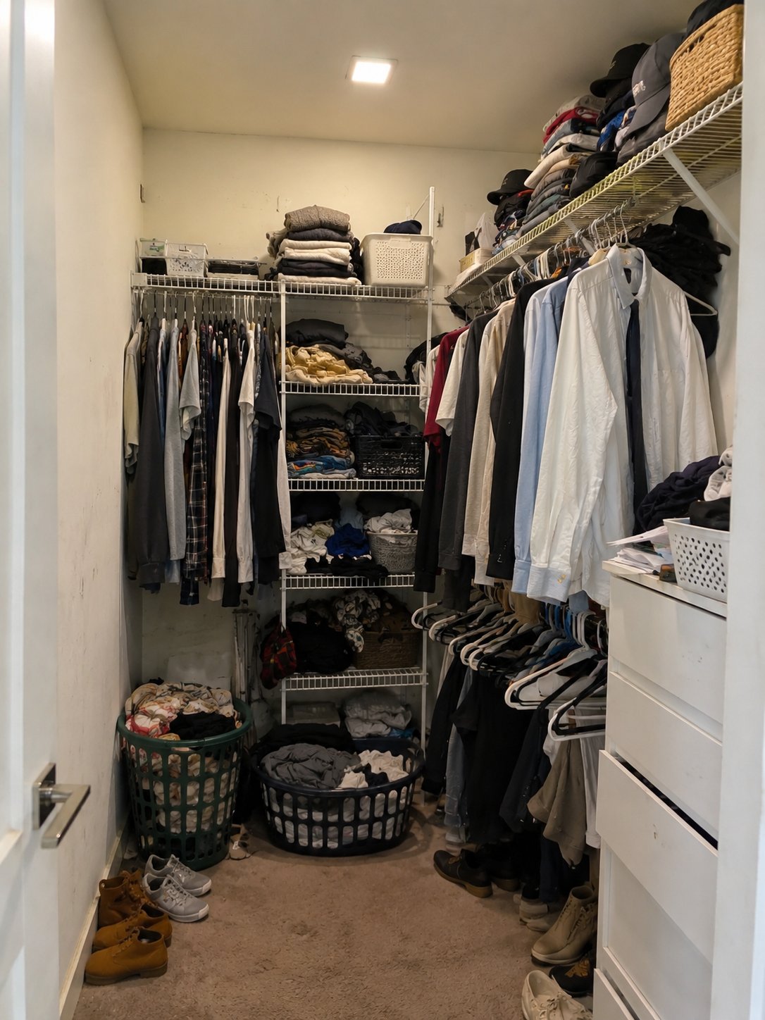 Walk-in closet before — wire shelving, overcrowded